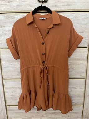 Women's Rust Short Sleeve Button Romper with drawstring